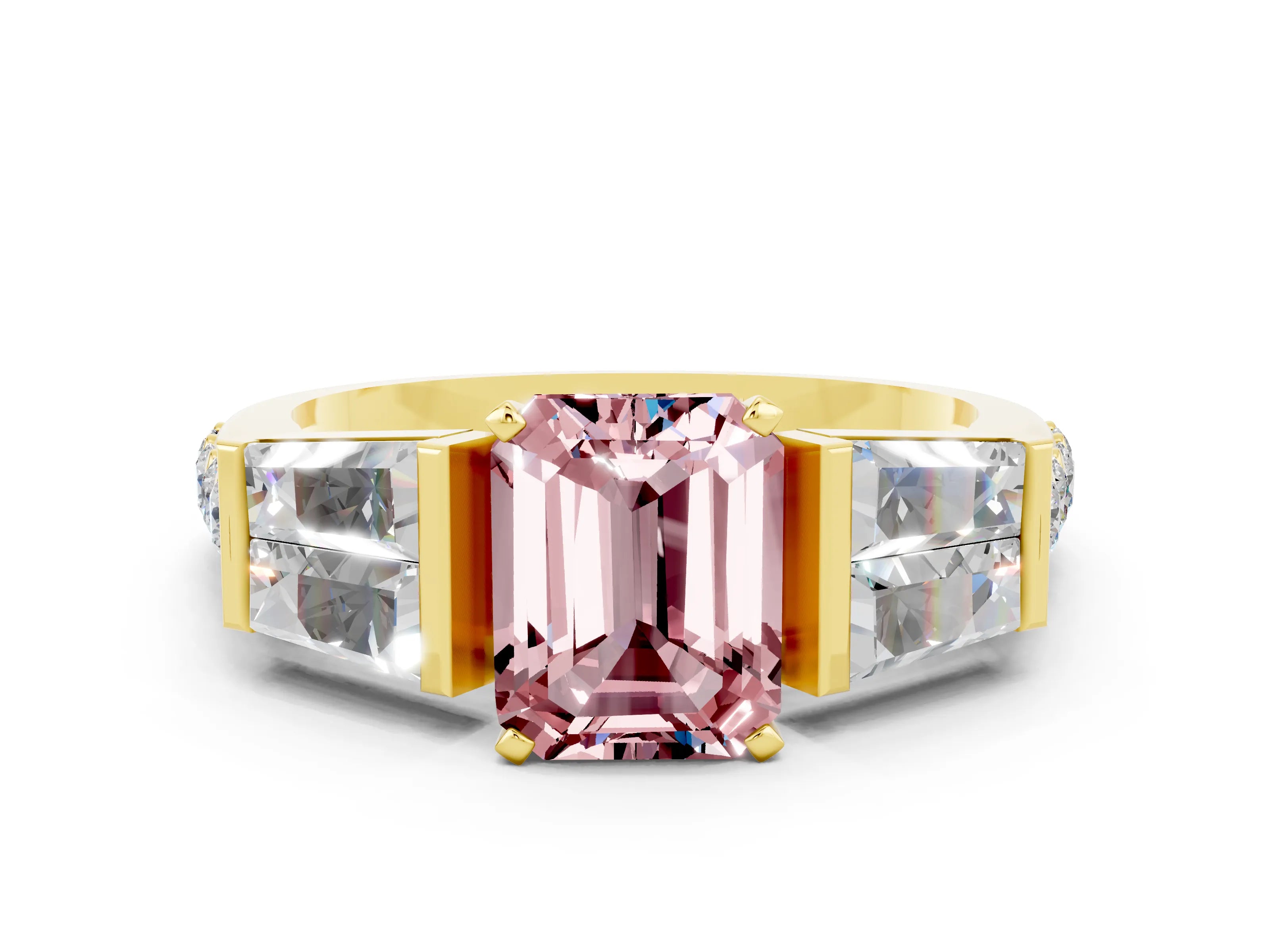 Yellow gold Emerald Cut Morganite Engagement Ring with Baguette Side Stones and Channel Set Band