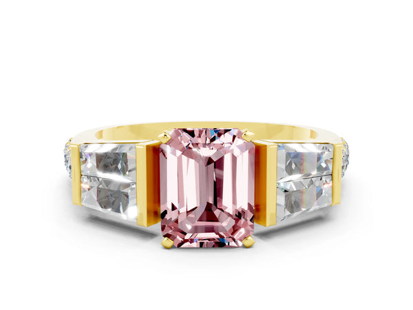 Yellow gold Emerald Cut Morganite Engagement Ring with Baguette Side Stones and Channel Set Band