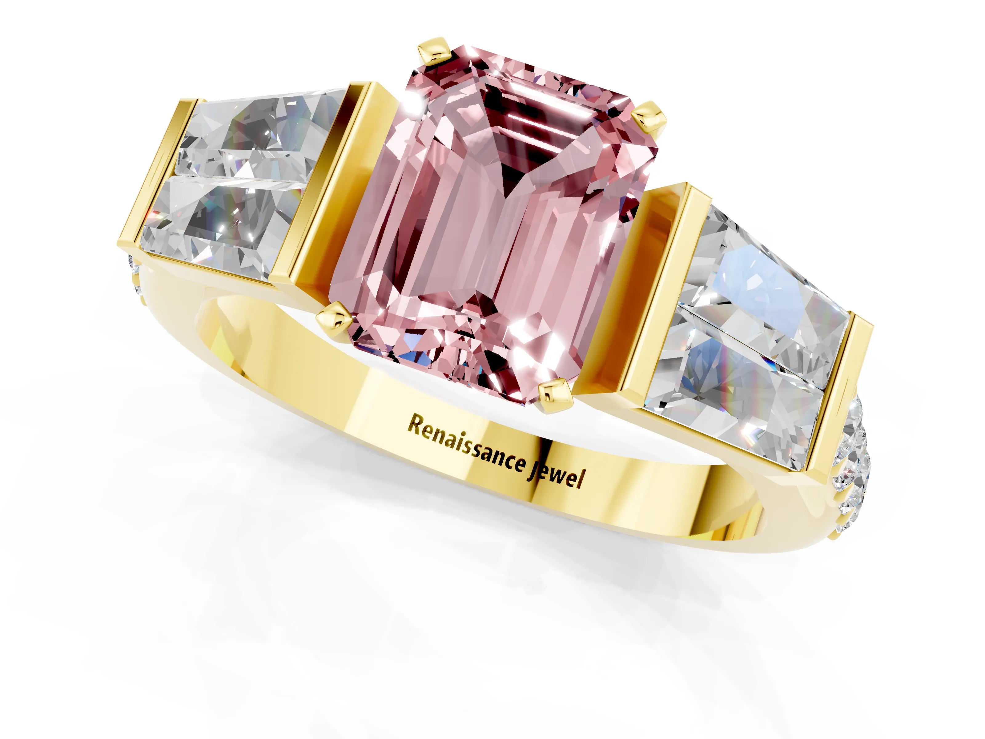 Yellow gold Emerald Cut Morganite Engagement Ring with Baguette Side Stones and Channel Set Band_1