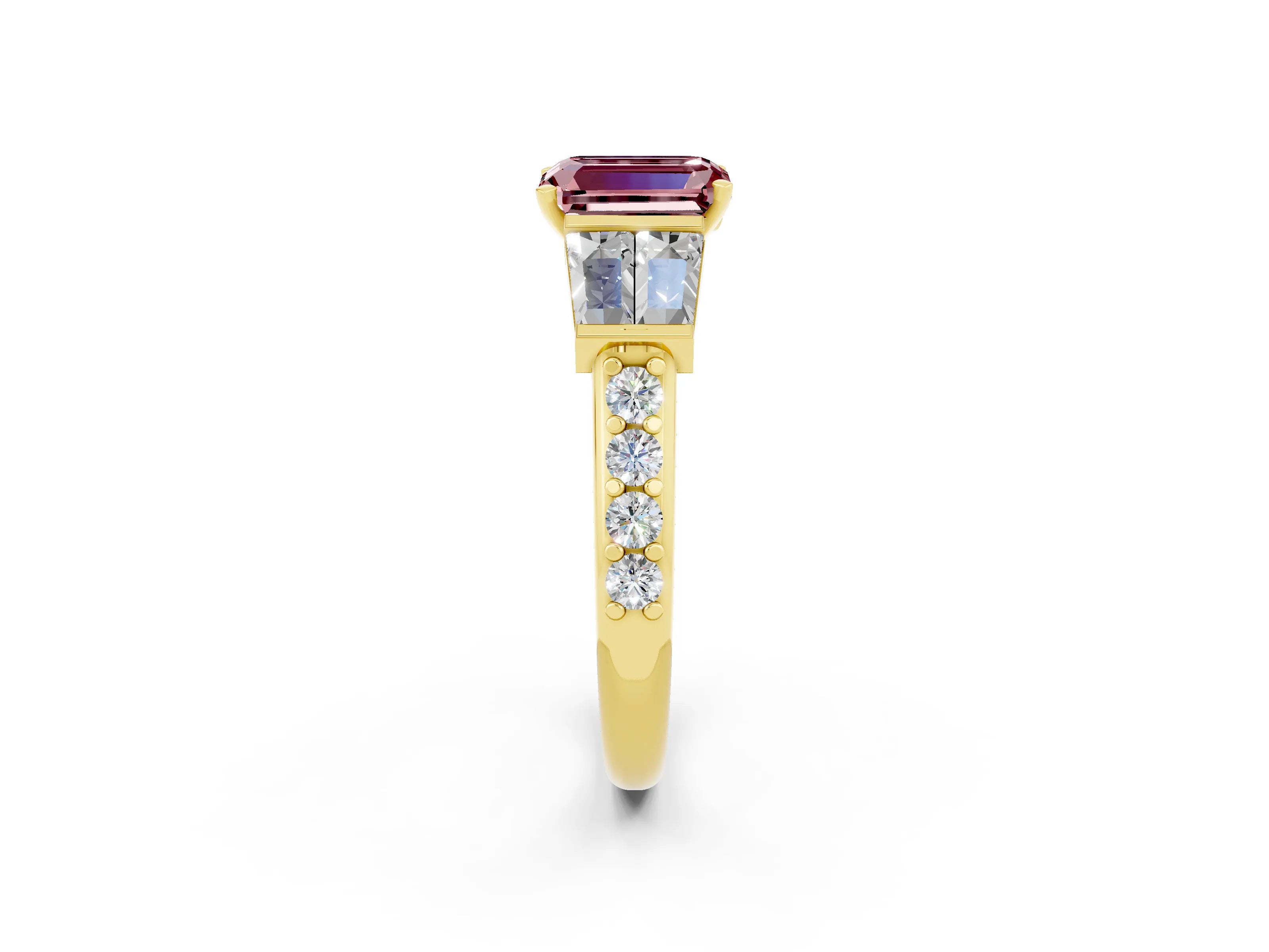 Yellow gold Emerald Cut Morganite Engagement Ring with Baguette Side Stones and Channel Set Band_2