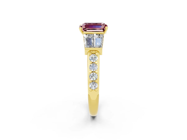 Yellow gold Emerald Cut Morganite Engagement Ring with Baguette Side Stones and Channel Set Band