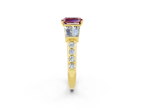 Yellow gold Emerald Cut Morganite Engagement Ring with Baguette Side Stones and Channel Set Band_2