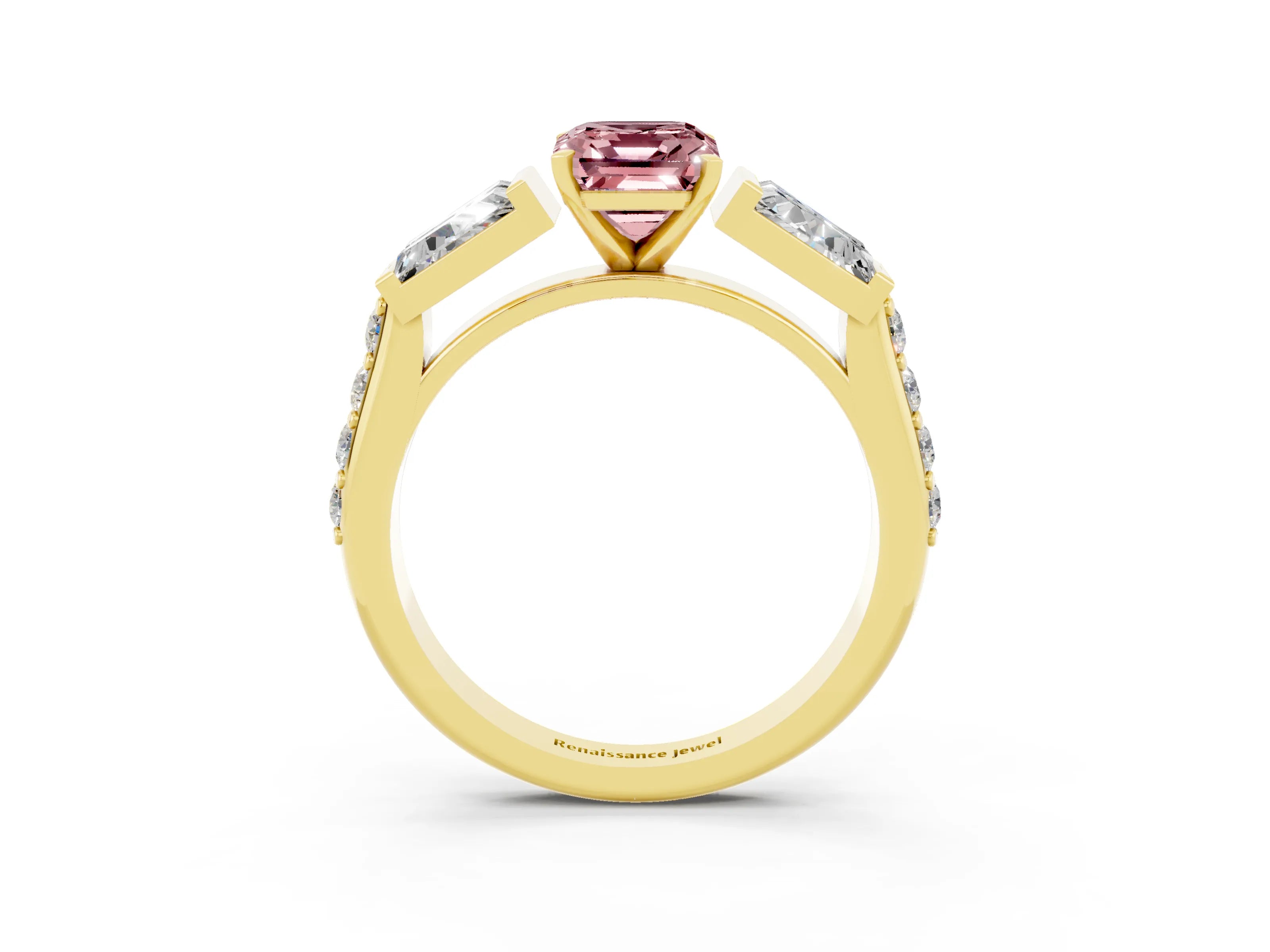 Yellow gold Emerald Cut Morganite Engagement Ring with Baguette Side Stones and Channel Set Band_3