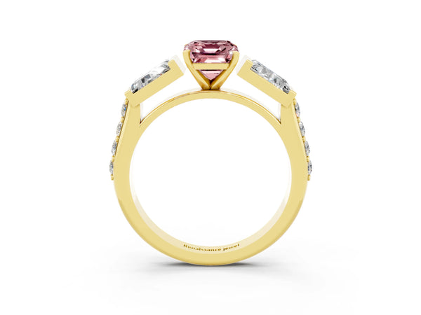 Yellow gold Emerald Cut Morganite Engagement Ring with Baguette Side Stones and Channel Set Band
