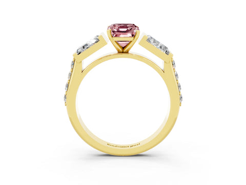 Yellow gold Emerald Cut Morganite Engagement Ring with Baguette Side Stones and Channel Set Band_3