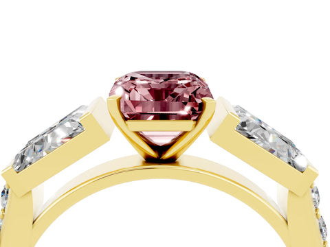 Yellow gold Emerald Cut Morganite Engagement Ring with Baguette Side Stones and Channel Set Band_4