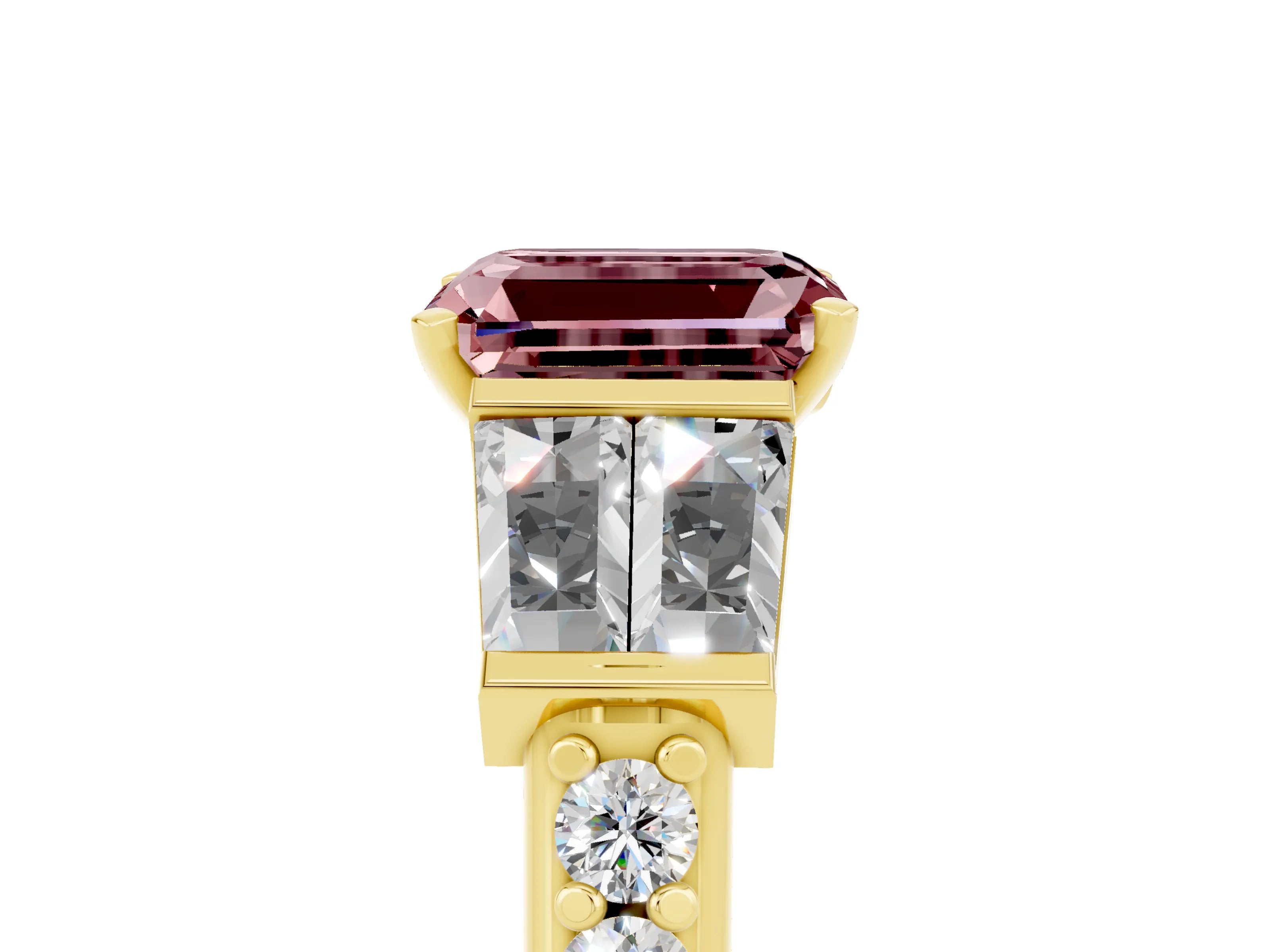 Yellow gold Emerald Cut Morganite Engagement Ring with Baguette Side Stones and Channel Set Band_5