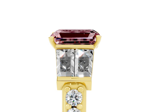 Yellow gold Emerald Cut Morganite Engagement Ring with Baguette Side Stones and Channel Set Band_5