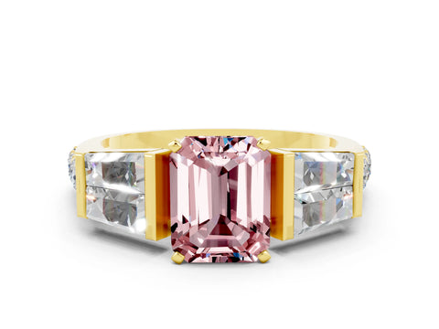 Yellow gold Emerald Cut Morganite Engagement Ring with Baguette Side Stones and Channel Set Band