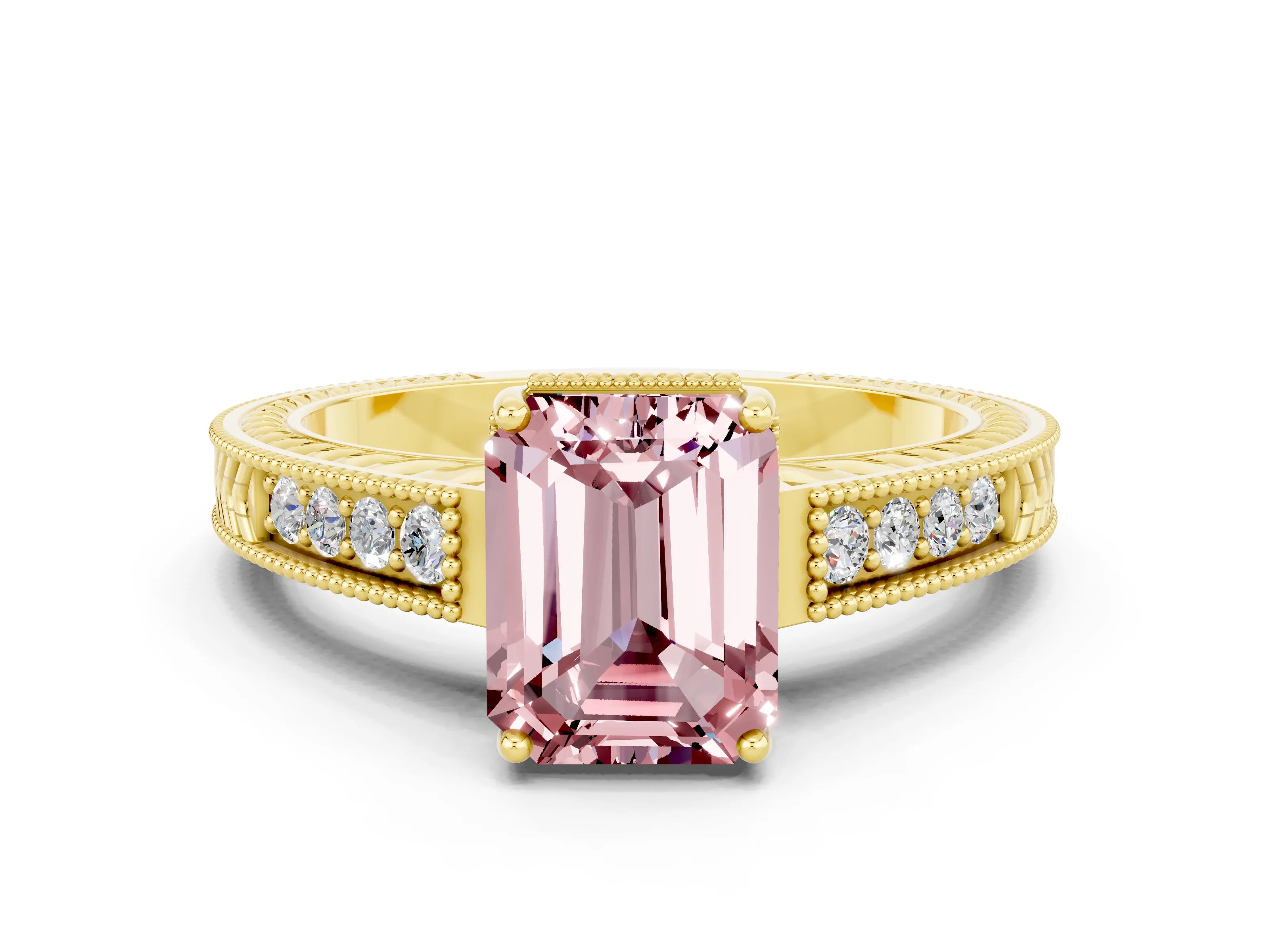 Yellow gold Emerald Cut Morganite Engagement Ring with Milgrain Channel Set Band and Prong Setting