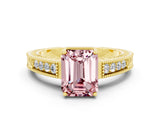 Yellow gold Emerald Cut Morganite Engagement Ring with Milgrain Channel Set Band and Prong Setting