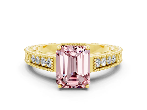 Yellow gold Emerald Cut Morganite Engagement Ring with Milgrain Channel Set Band and Prong Setting