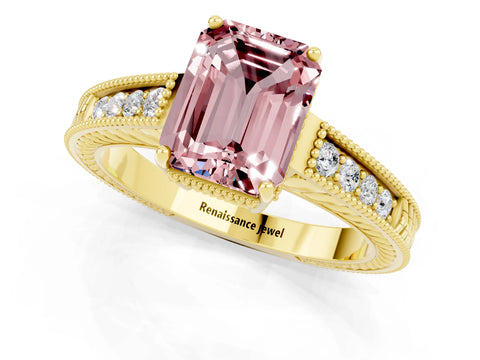 Yellow gold Emerald Cut Morganite Engagement Ring with Milgrain Channel Set Band and Prong Setting_1