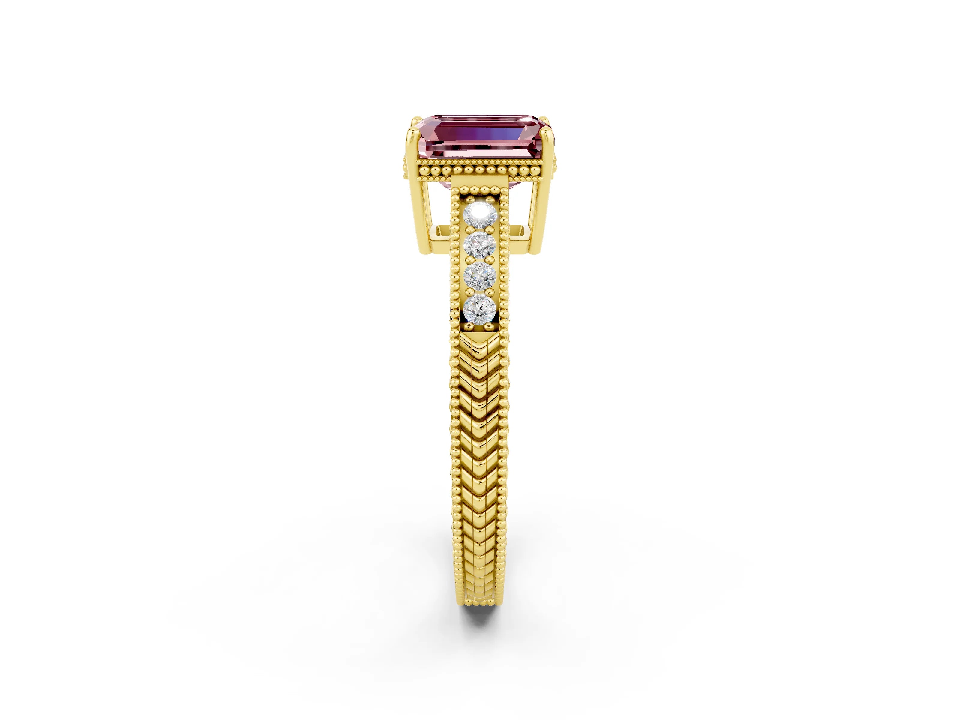 Yellow gold Emerald Cut Morganite Engagement Ring with Milgrain Channel Set Band and Prong Setting_2
