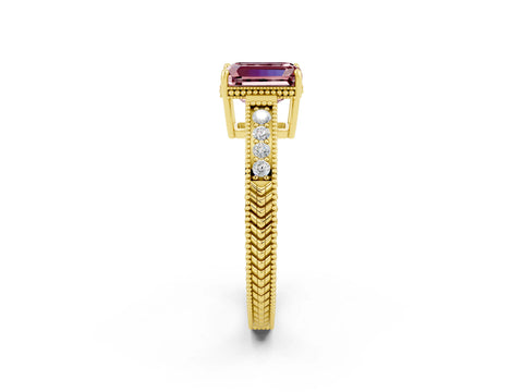 Yellow gold Emerald Cut Morganite Engagement Ring with Milgrain Channel Set Band and Prong Setting_2