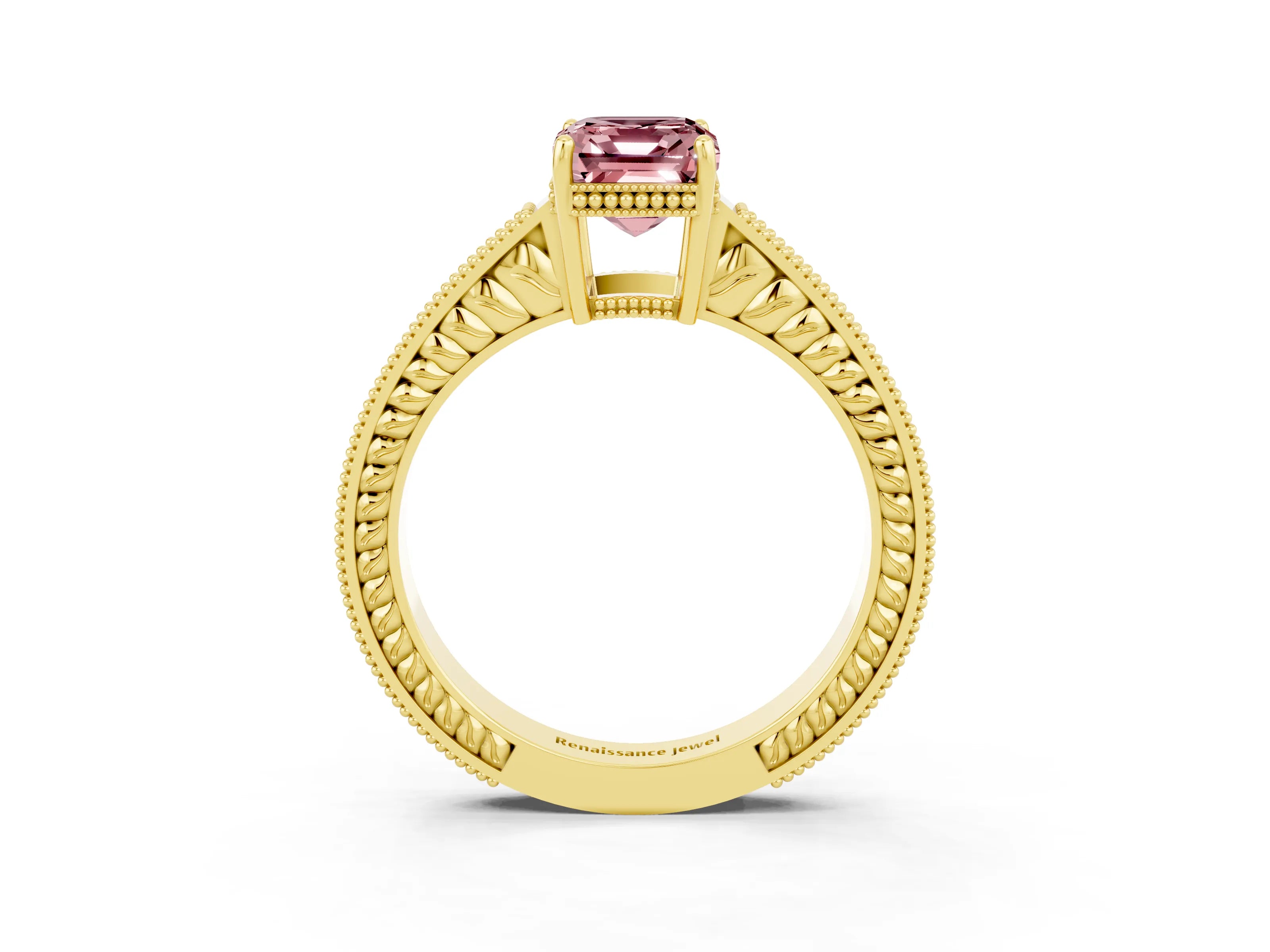 Yellow gold Emerald Cut Morganite Engagement Ring with Milgrain Channel Set Band and Prong Setting_3