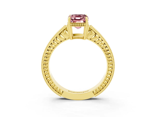 Yellow gold Emerald Cut Morganite Engagement Ring with Milgrain Channel Set Band and Prong Setting