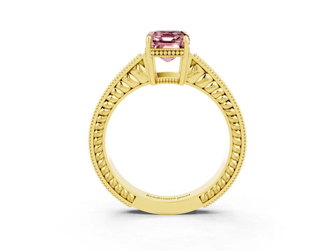 Yellow gold Emerald Cut Morganite Engagement Ring with Milgrain Channel Set Band and Prong Setting_3