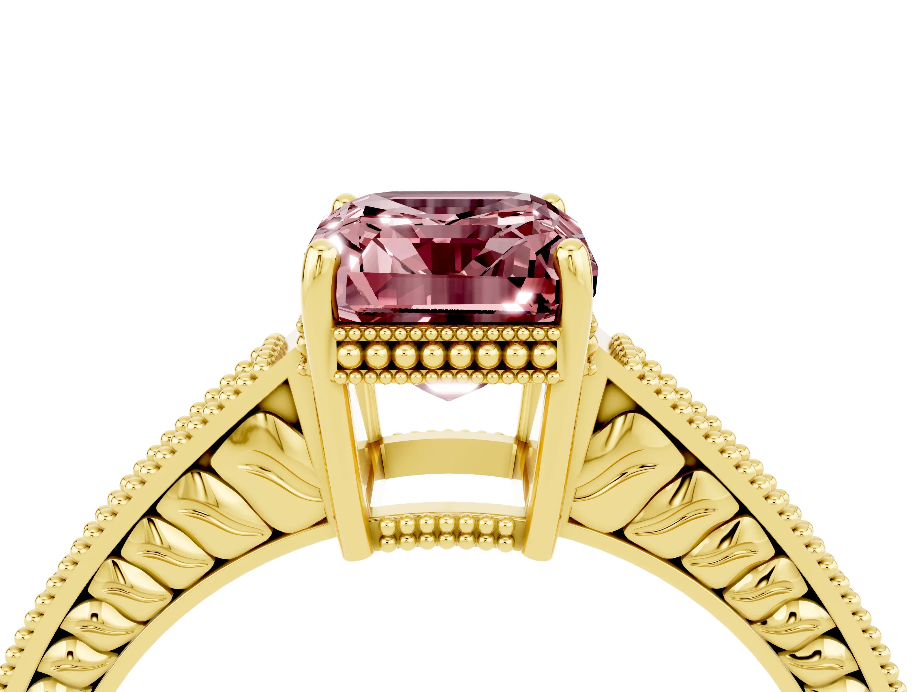Yellow gold Emerald Cut Morganite Engagement Ring with Milgrain Channel Set Band and Prong Setting_4