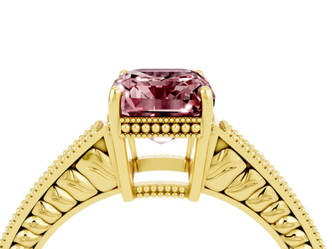 Yellow gold Emerald Cut Morganite Engagement Ring with Milgrain Channel Set Band and Prong Setting_4