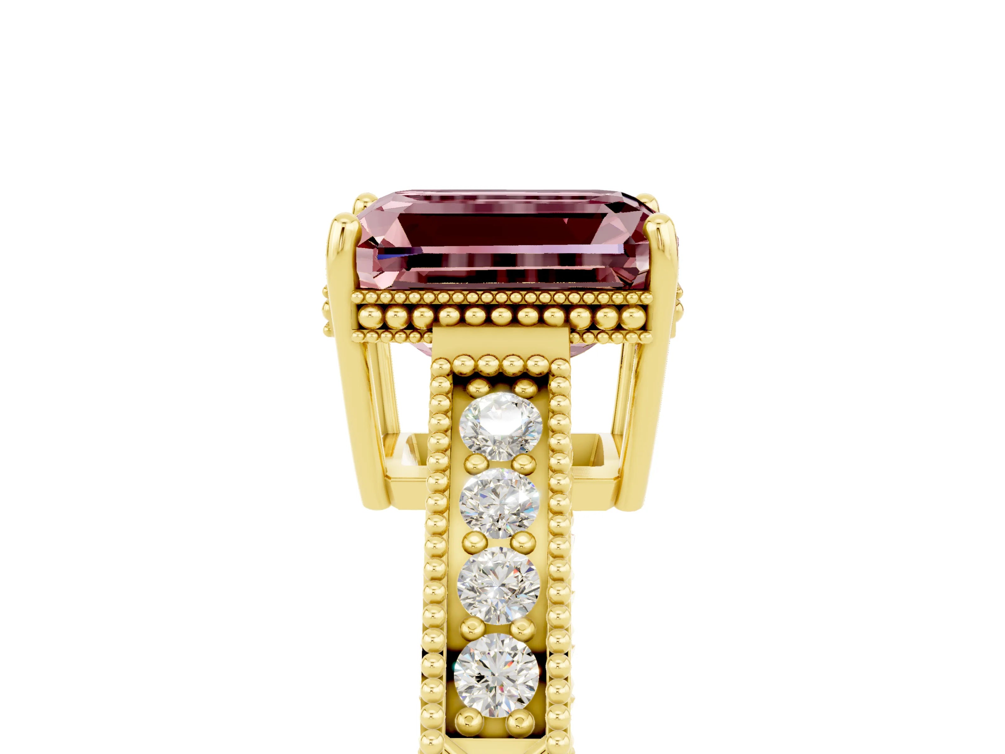 Yellow gold Emerald Cut Morganite Engagement Ring with Milgrain Channel Set Band and Prong Setting_5