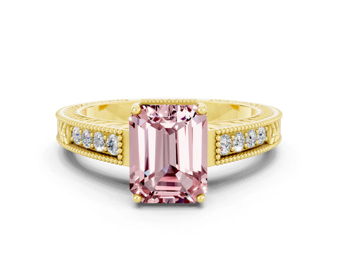 Yellow gold Emerald Cut Morganite Engagement Ring with Milgrain Channel Set Band and Prong Setting