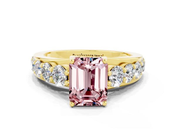 Yellow gold Emerald Cut Morganite Engagement Ring with Pavé Band and Four-Prong Setting