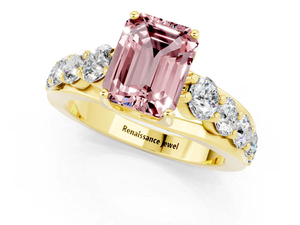 Yellow gold Emerald Cut Morganite Engagement Ring with Pavé Band and Four-Prong Setting