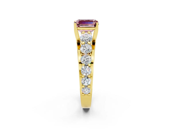Yellow gold Emerald Cut Morganite Engagement Ring with Pavé Band and Four-Prong Setting
