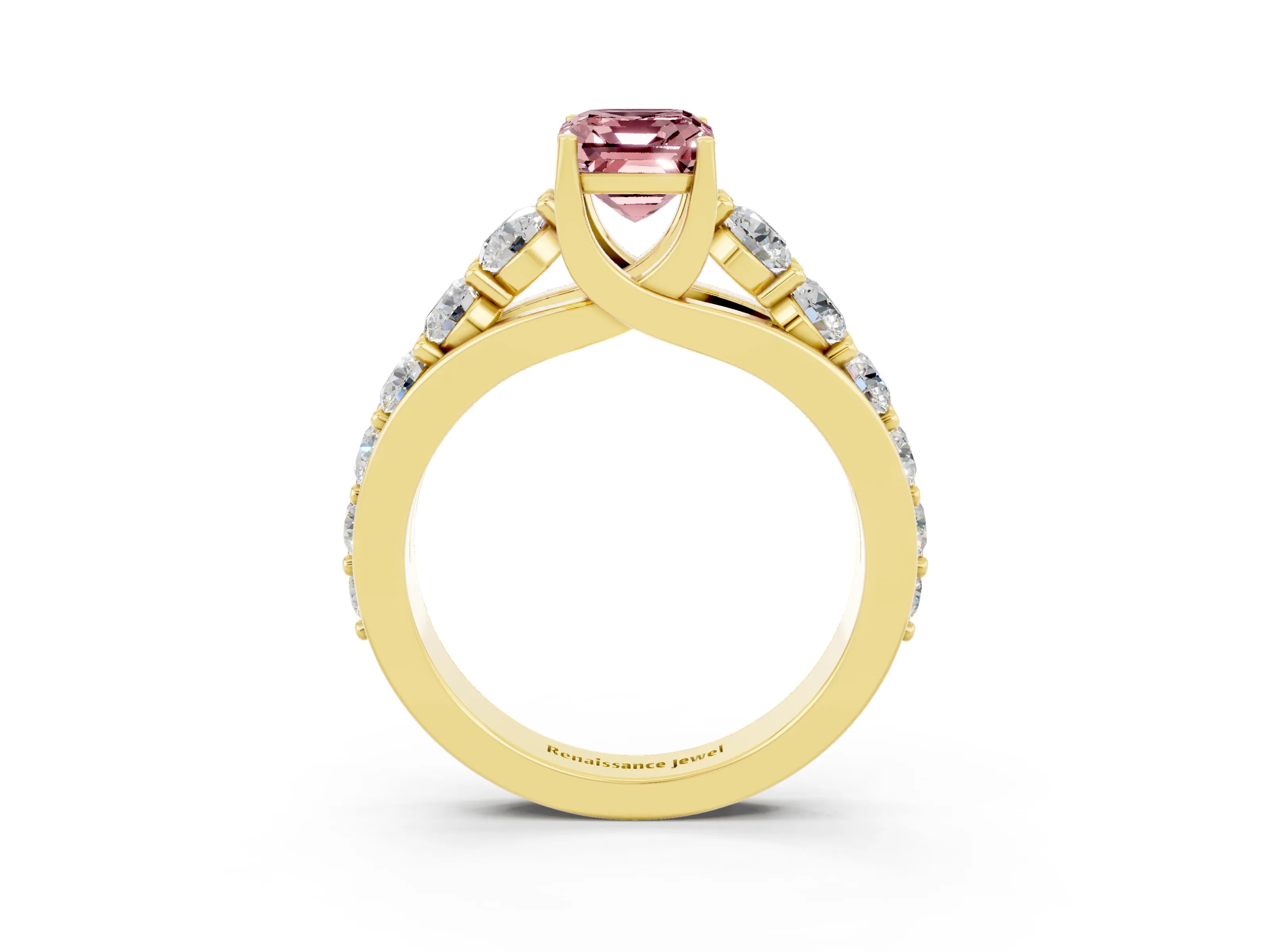 Yellow gold Emerald Cut Morganite Engagement Ring with Pavé Band and Four-Prong Setting_3