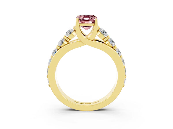 Yellow gold Emerald Cut Morganite Engagement Ring with Pavé Band and Four-Prong Setting