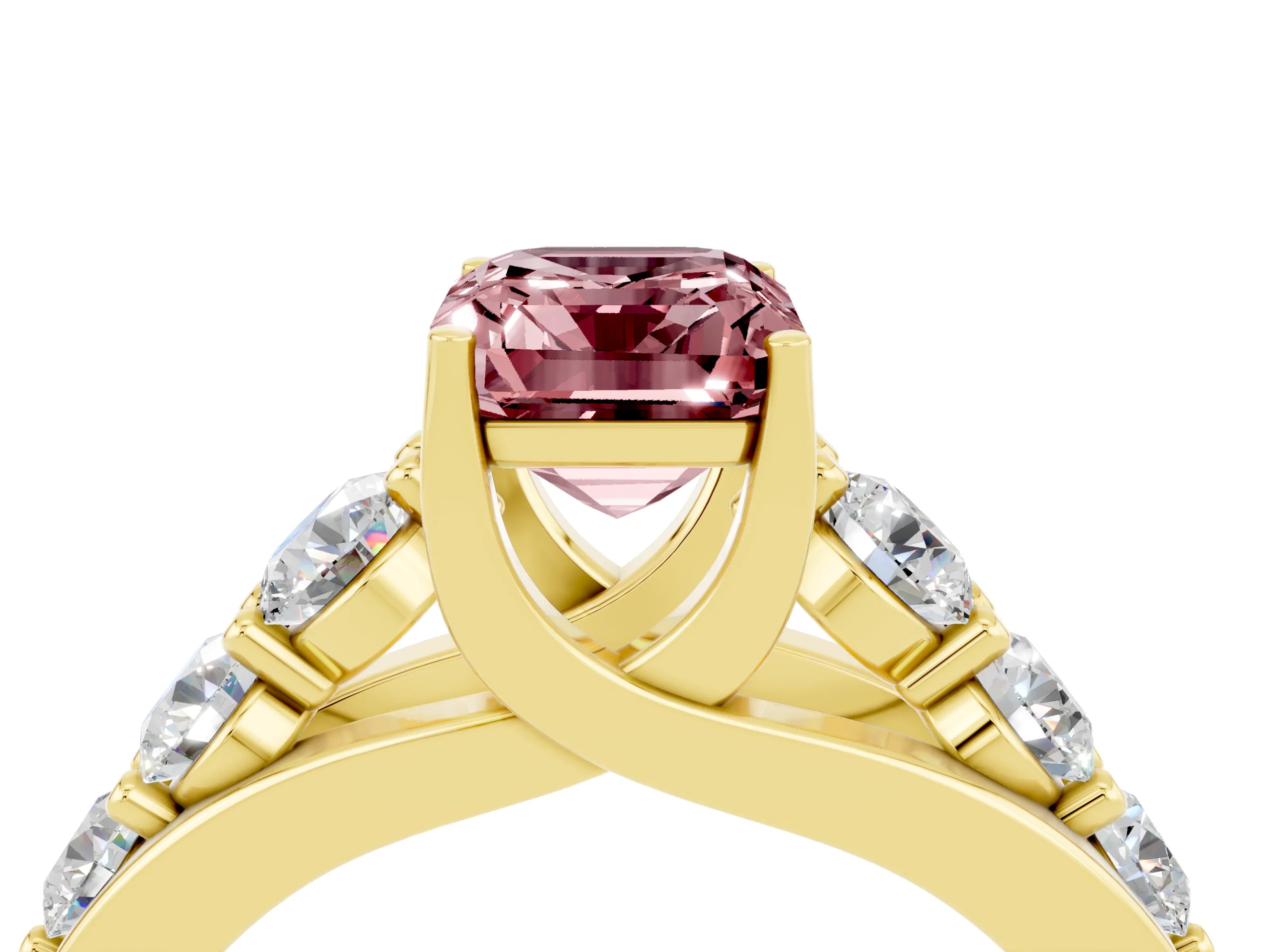 Yellow gold Emerald Cut Morganite Engagement Ring with Pavé Band and Four-Prong Setting_4