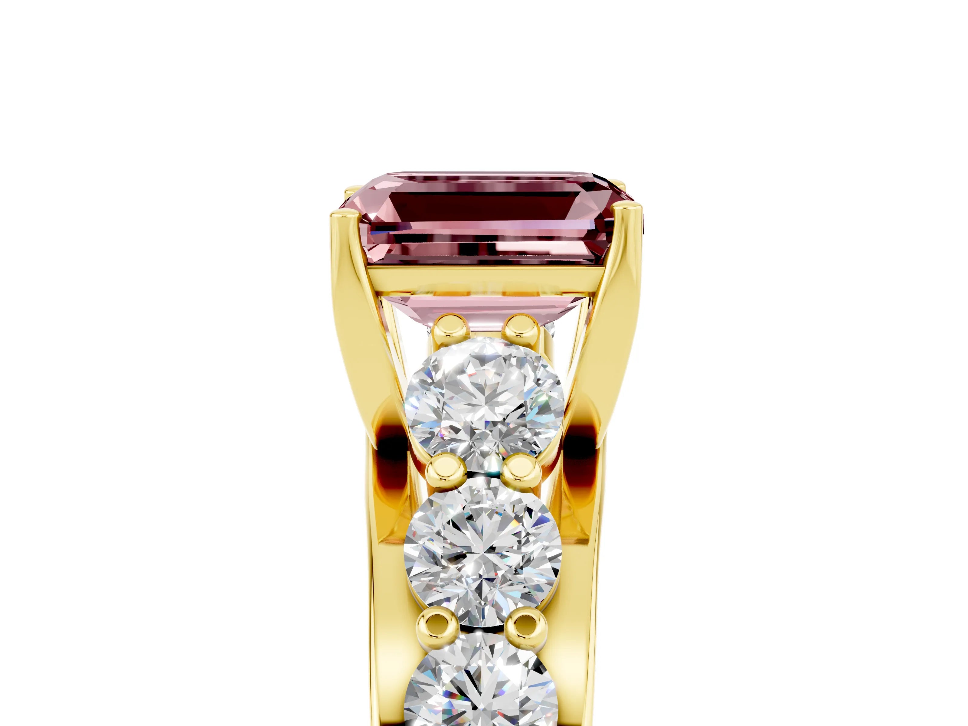 Yellow gold Emerald Cut Morganite Engagement Ring with Pavé Band and Four-Prong Setting_5
