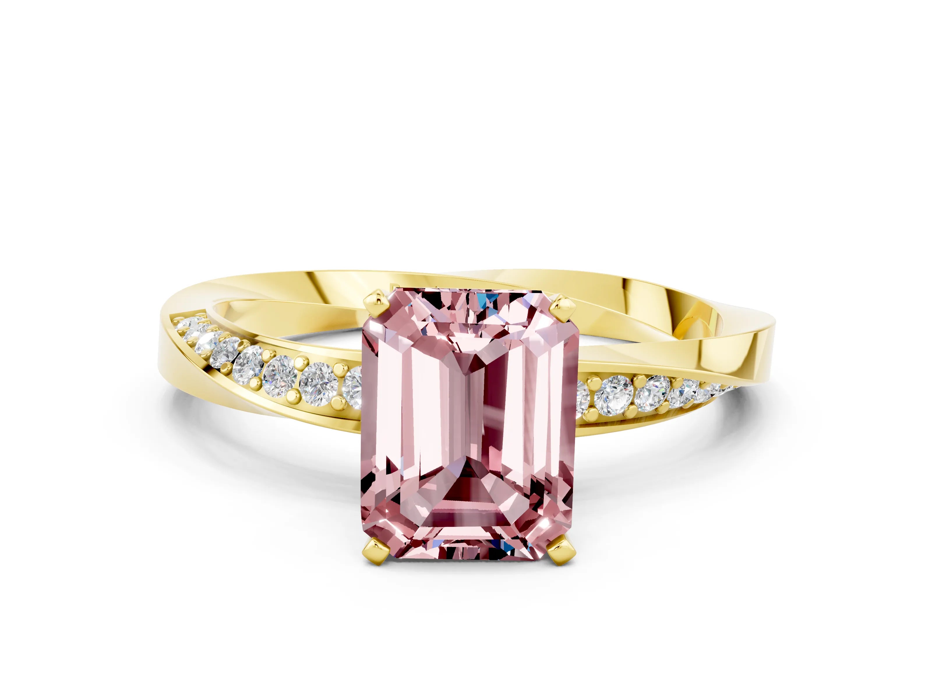 Yellow gold Emerald Cut Morganite Engagement Ring with Side Stone Accents and Four-Prong Setting_27