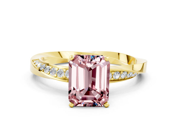 Yellow gold Emerald Cut Morganite Engagement Ring with Side Stone Accents and Four-Prong Setting