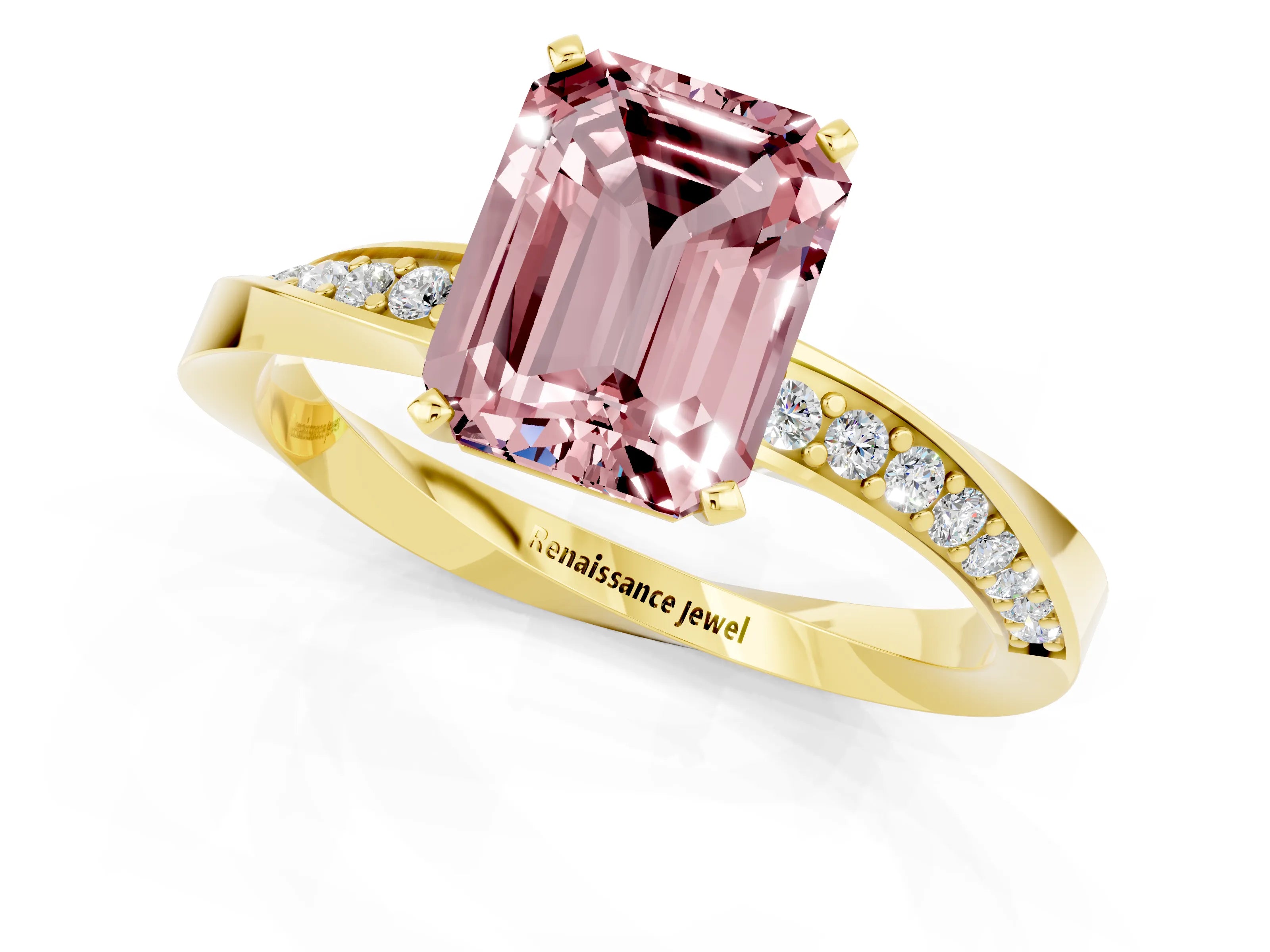 Yellow gold Emerald Cut Morganite Engagement Ring with Side Stone Accents and Four-Prong Setting_28