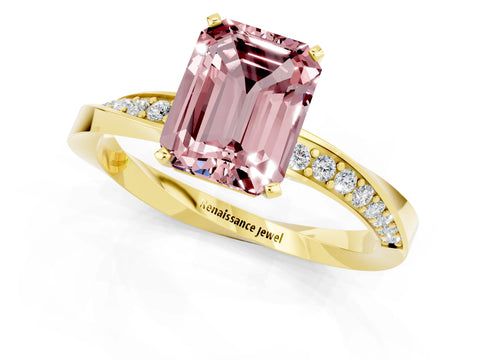 Yellow gold Emerald Cut Morganite Engagement Ring with Side Stone Accents and Four-Prong Setting_28