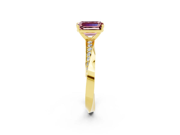 Yellow gold Emerald Cut Morganite Engagement Ring with Side Stone Accents and Four-Prong Setting
