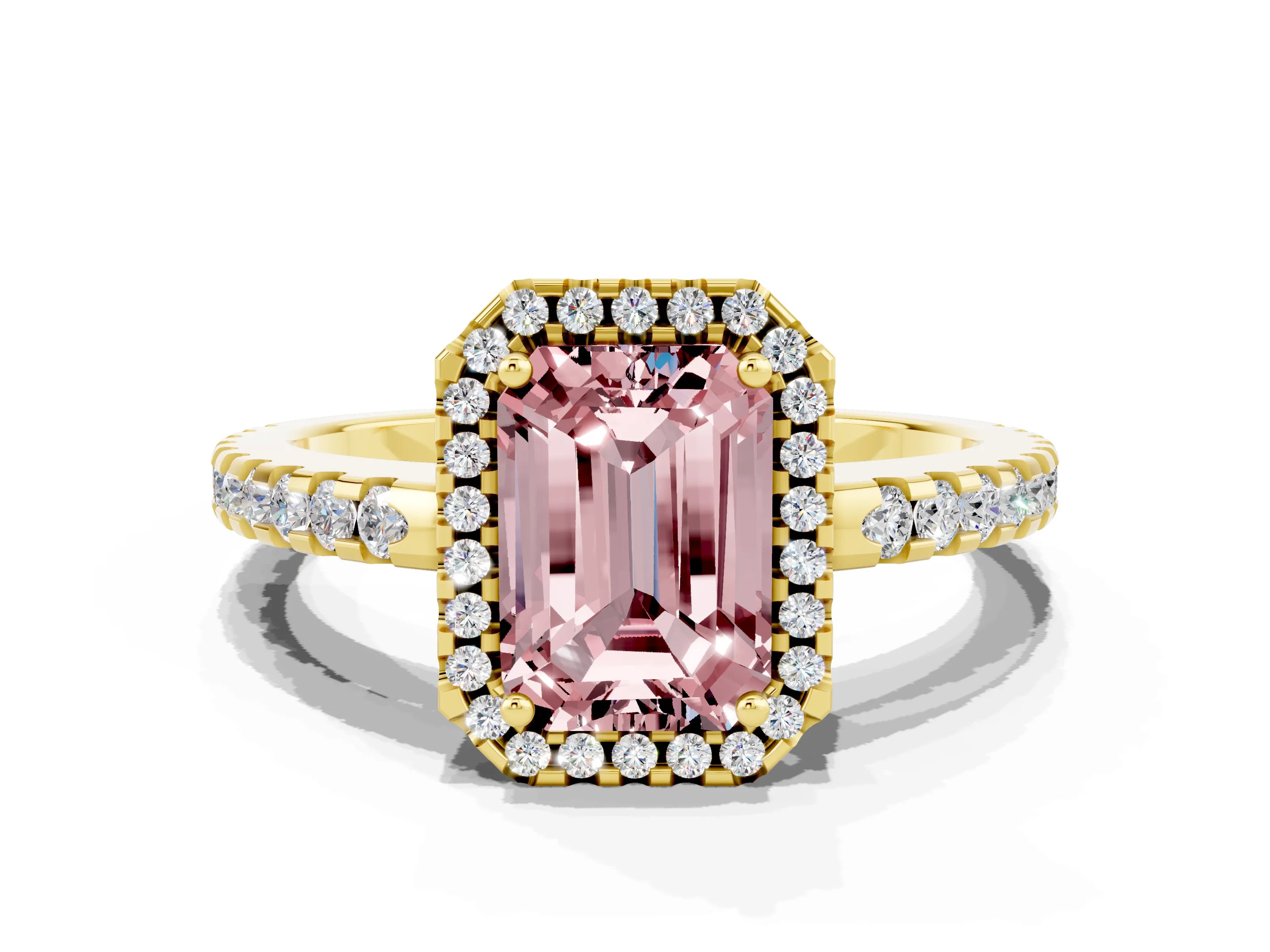 Yellow gold Emerald Cut Morganite Halo Engagement Ring with Pavé Band and Prong Setting_12