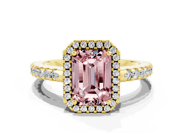 Yellow gold Emerald Cut Morganite Halo Engagement Ring with Pavé Band and Prong Setting
