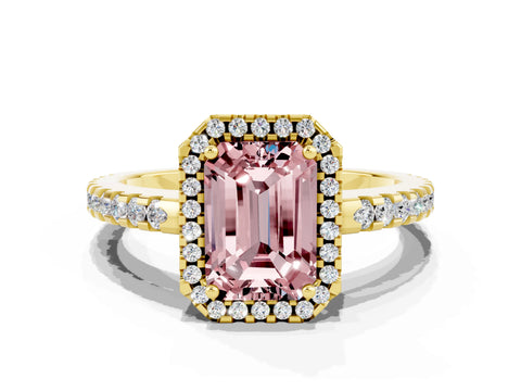 Yellow gold Emerald Cut Morganite Halo Engagement Ring with Pavé Band and Prong Setting_12