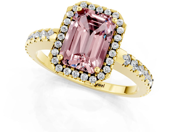 Yellow gold Emerald Cut Morganite Halo Engagement Ring with Pavé Band and Prong Setting
