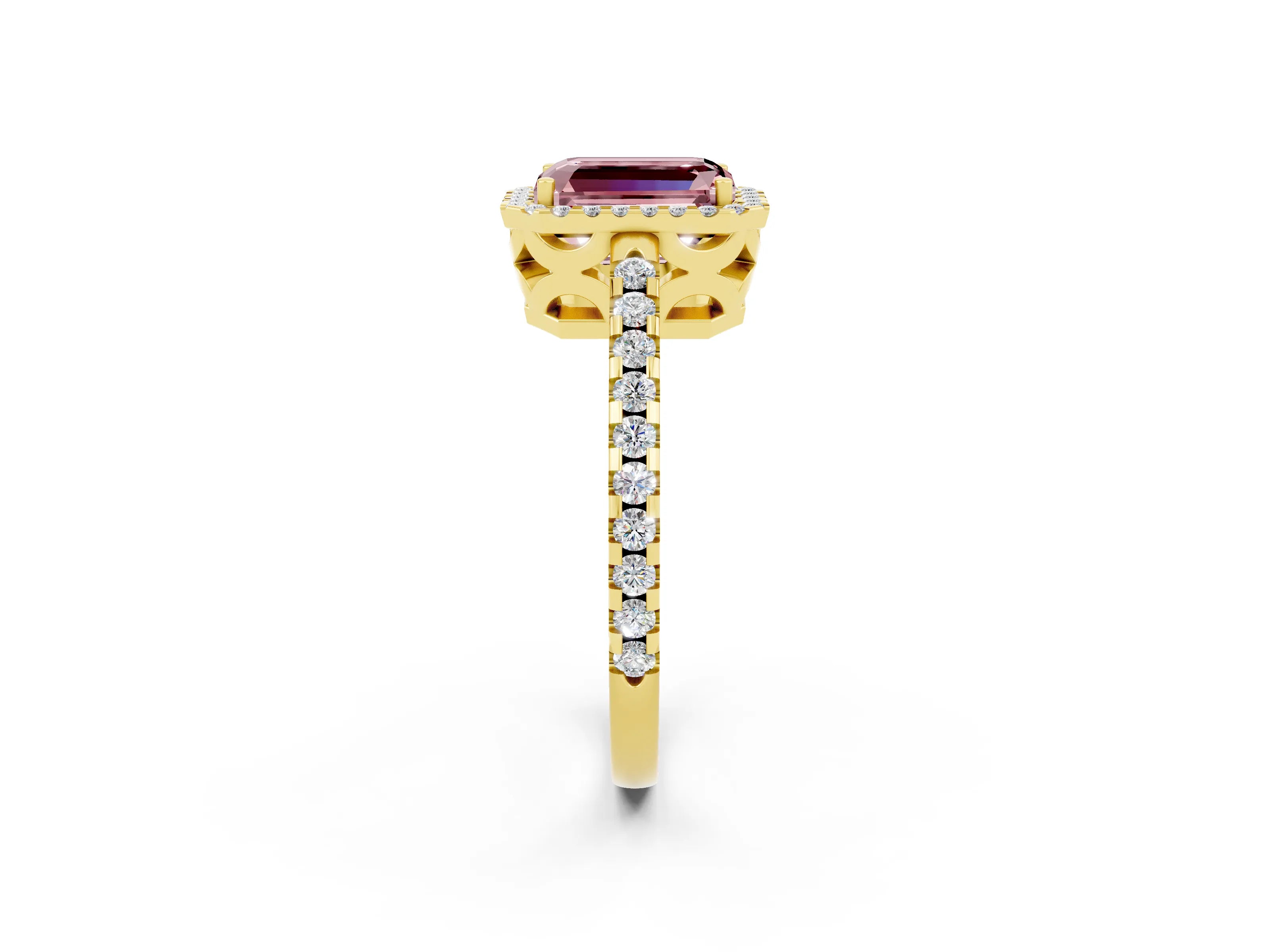 Yellow gold Emerald Cut Morganite Halo Engagement Ring with Pavé Band and Prong Setting_14