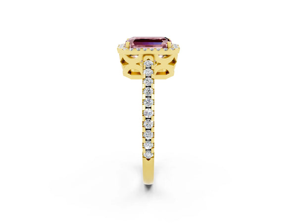 Yellow gold Emerald Cut Morganite Halo Engagement Ring with Pavé Band and Prong Setting