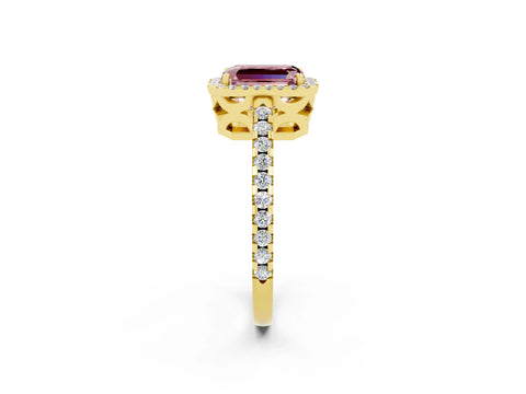 Yellow gold Emerald Cut Morganite Halo Engagement Ring with Pavé Band and Prong Setting_14