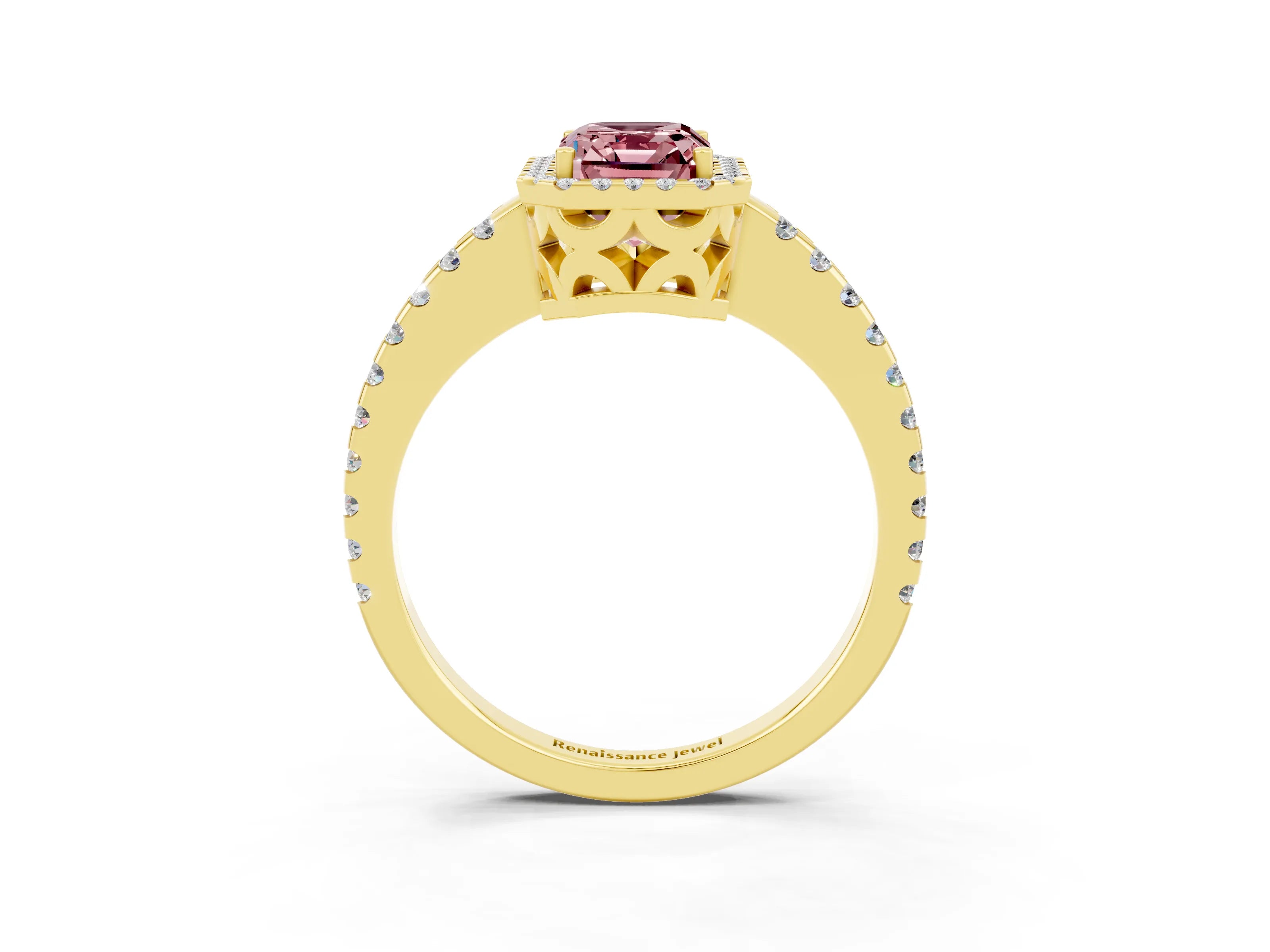 Yellow gold Emerald Cut Morganite Halo Engagement Ring with Pavé Band and Prong Setting_15