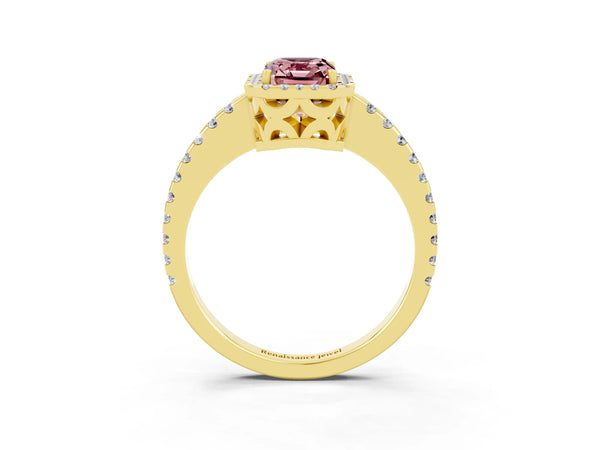 Yellow gold Emerald Cut Morganite Halo Engagement Ring with Pavé Band and Prong Setting