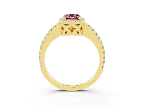 Yellow gold Emerald Cut Morganite Halo Engagement Ring with Pavé Band and Prong Setting_15