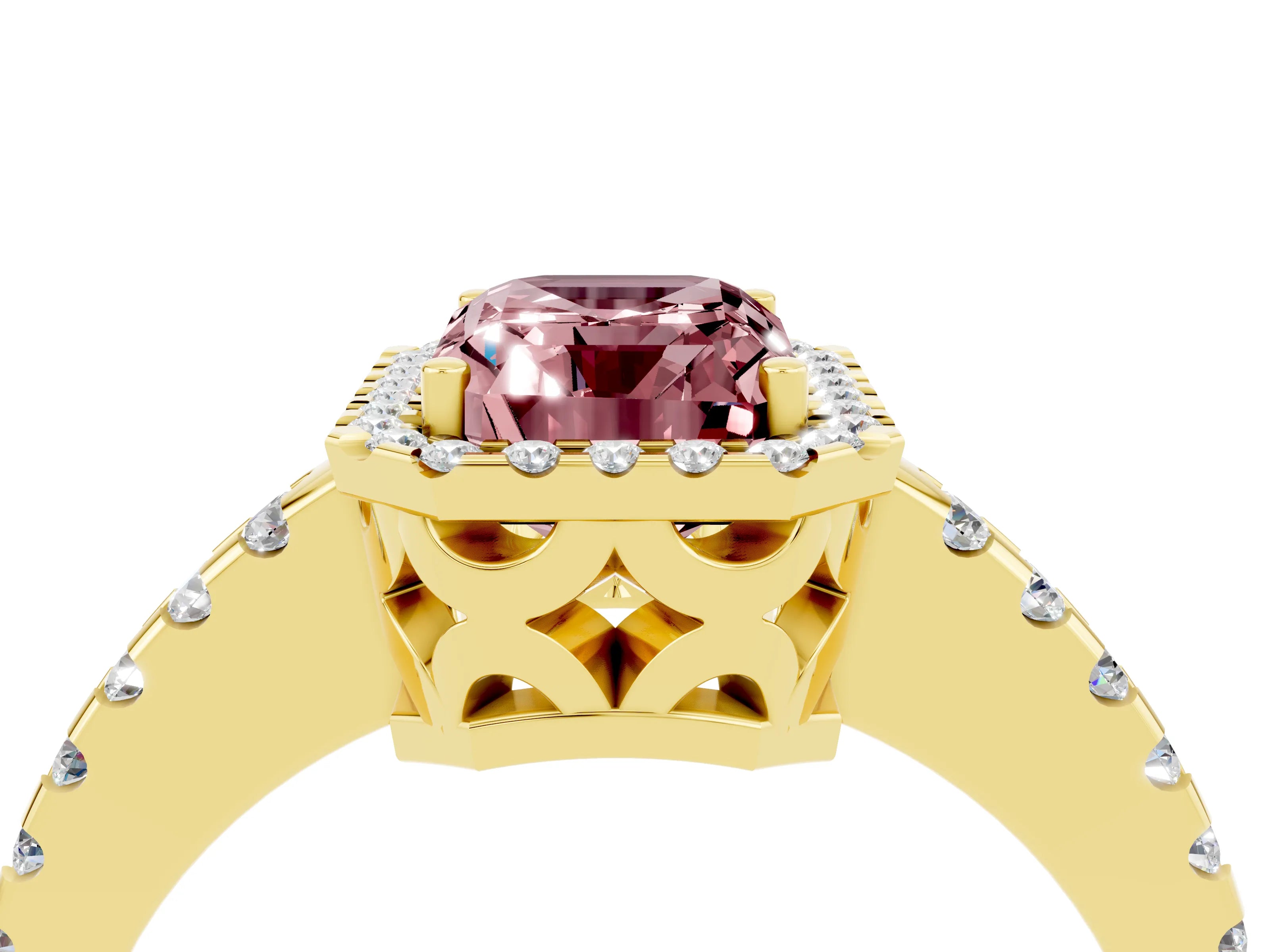 Yellow gold Emerald Cut Morganite Halo Engagement Ring with Pavé Band and Prong Setting_16