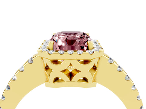 Yellow gold Emerald Cut Morganite Halo Engagement Ring with Pavé Band and Prong Setting_16